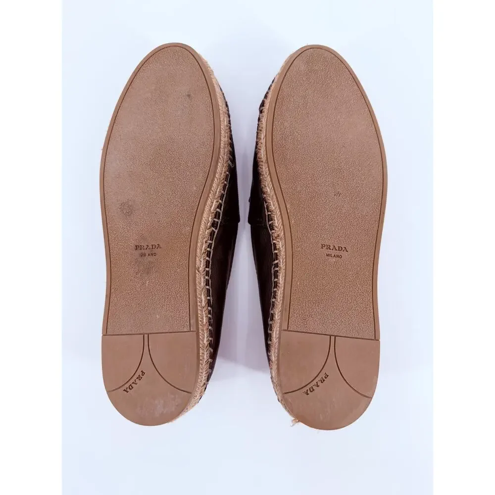 Prada Black Leather Cap Toe Espadrille Bow Ballerina Jute Slip On Flats 39
